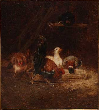 Trois poules et deux canards par Philibert Lon Couturier