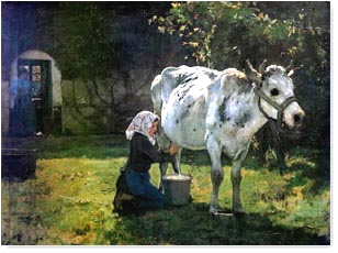 Une vache blanche a la traite par Julien Dupr