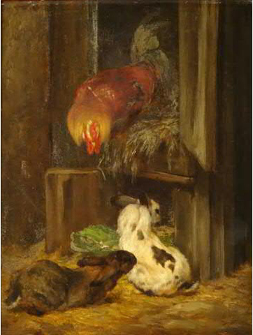 Deux lapins et une poule par Philibert Lon Couturier