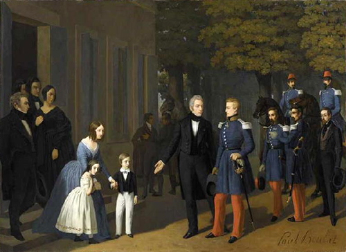 Le duc d'Aumale et sa suite rendant visite  Ange-Henri de La Sizeranne, snateur, devant la faade du chteau de Beausemblant par Paul Boulat