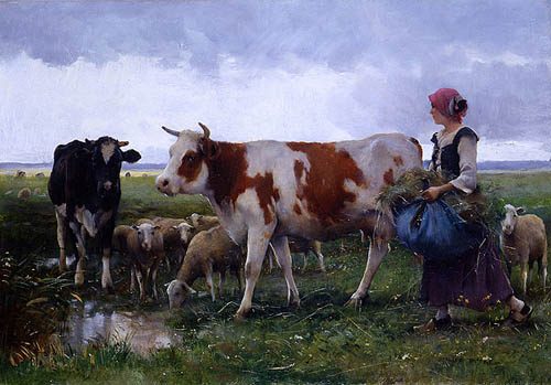 Fermiere avec vaches et moutons par Julien Dupr