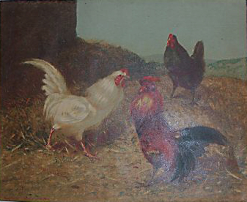 Deux coqs et une poule par Philibert Lon Couturier